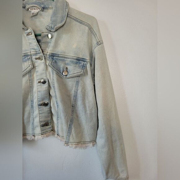 Venus Cropped Acid Wash Denim Jean Jacket Fringe Trim Grunge 90s Biker Small - Picture 4 of 14